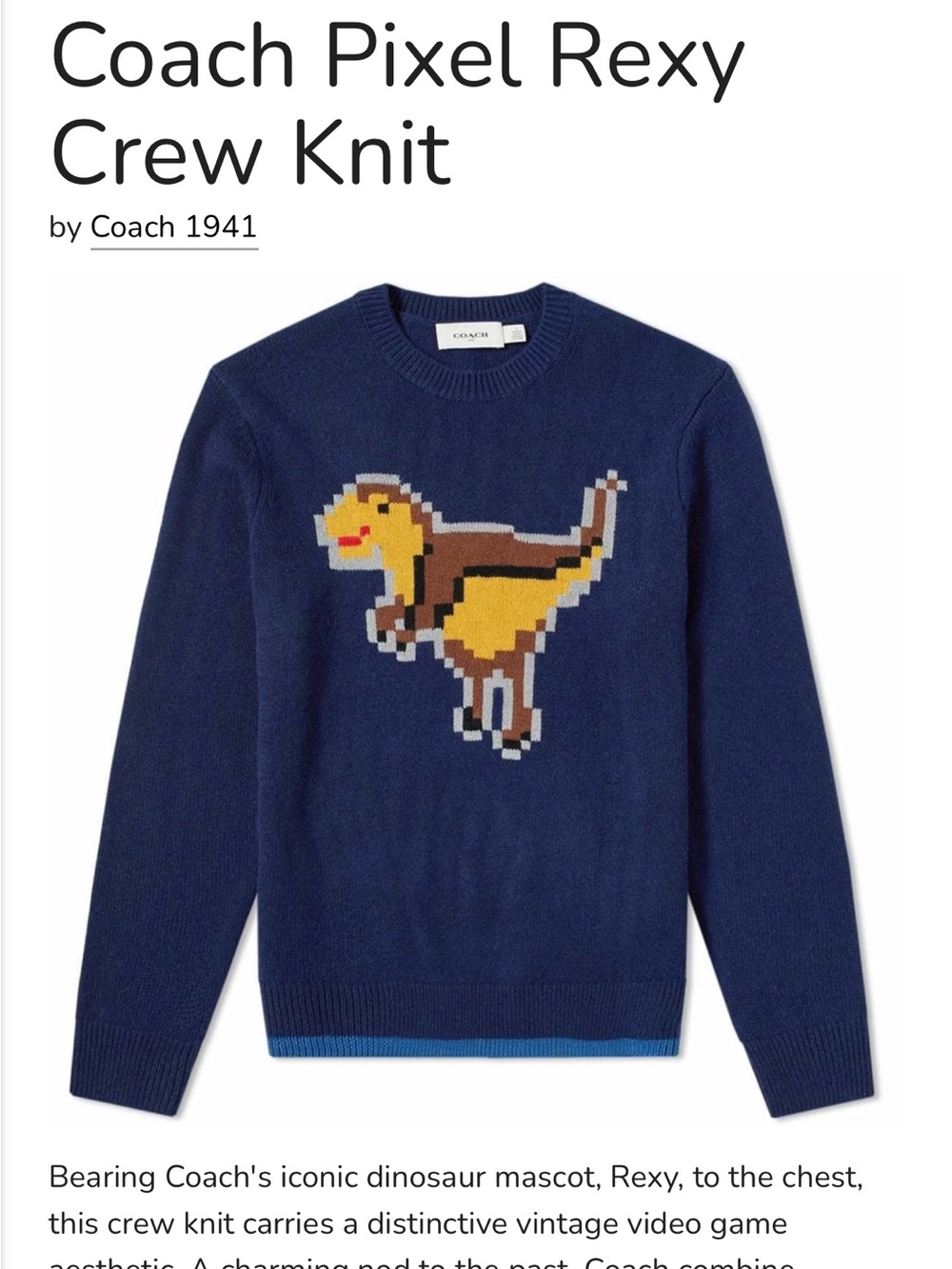 Coach Navy Crewneck Sweater with Pixel Rexy Dinosaur